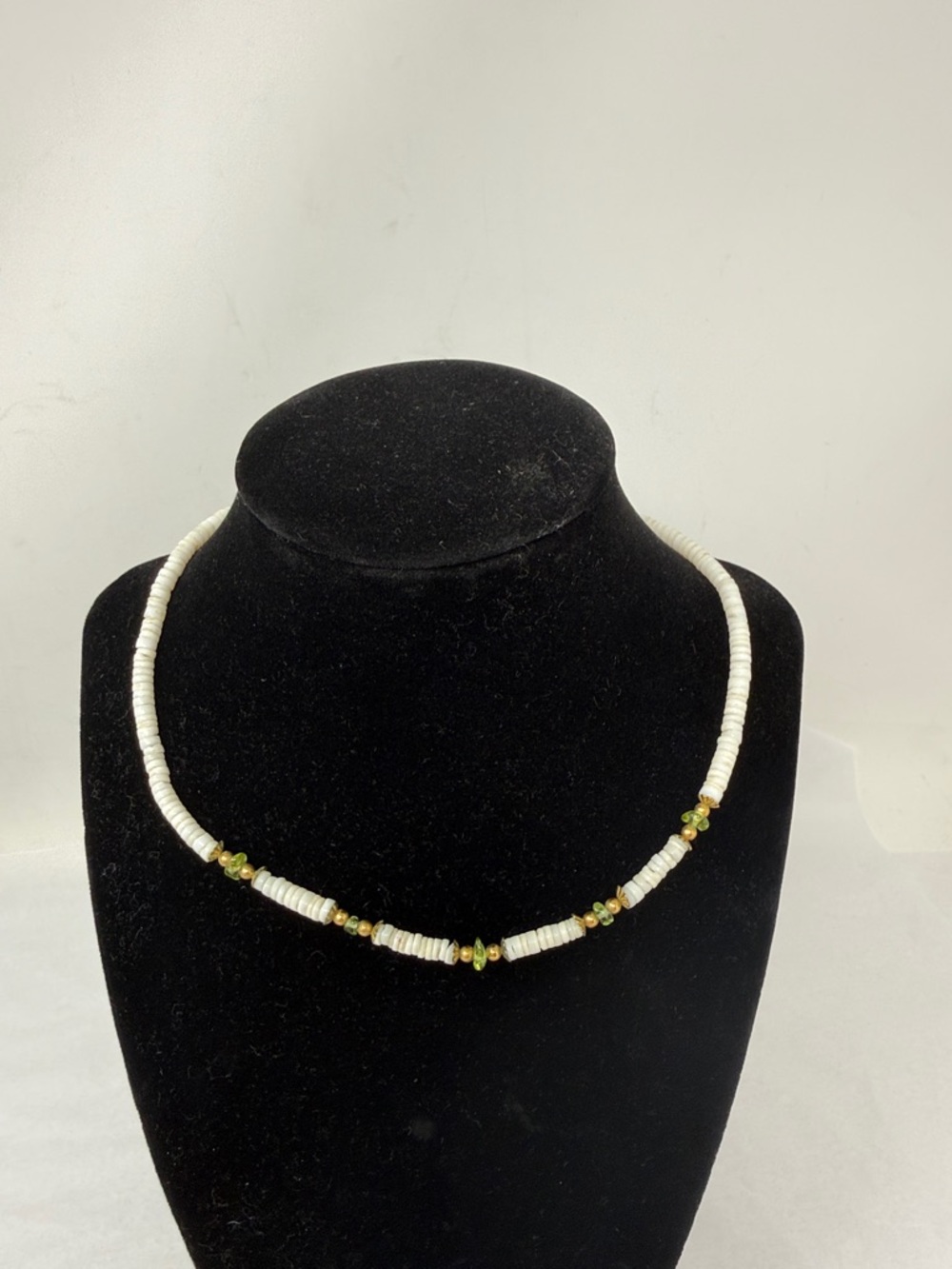 White Puka Shell Choker Necklace Gold Green beads Coastal Boho Earthy Artisan